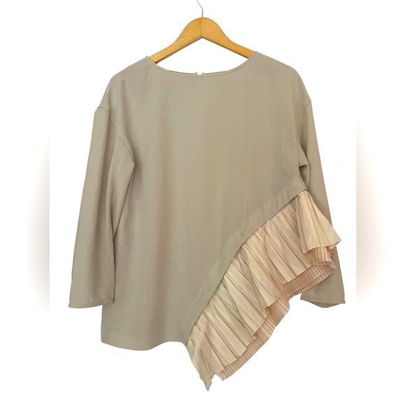 elendeek Tops - Elendeek Tail Pleated Bell Sleeve Sweatshirt Beige  Blouse  Pleated Accent